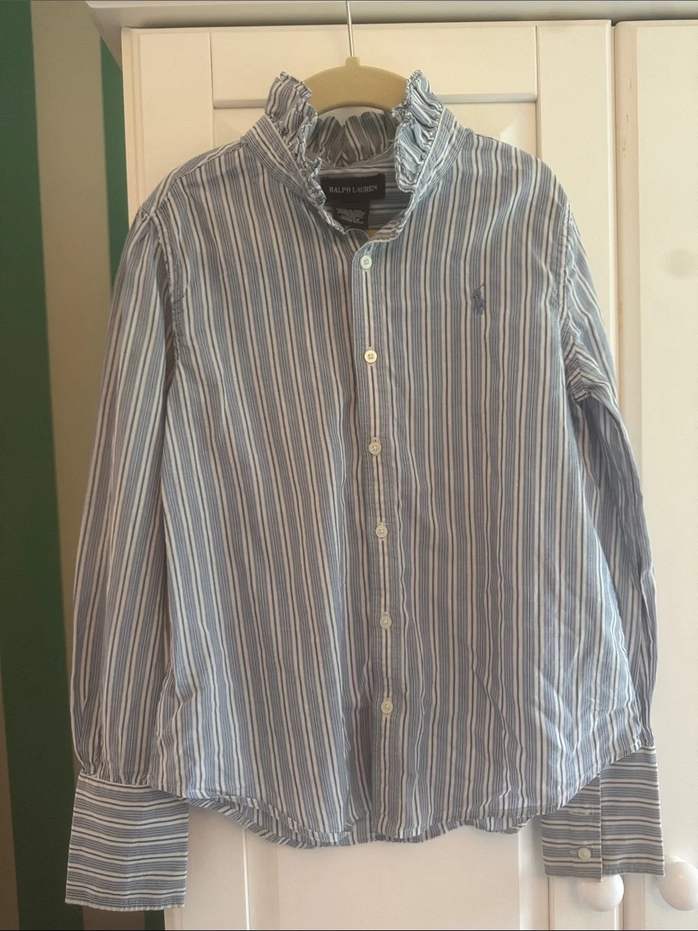 Ralph Lauren Light Blue & White Striped Ruffle Collar Button-Down Shirt